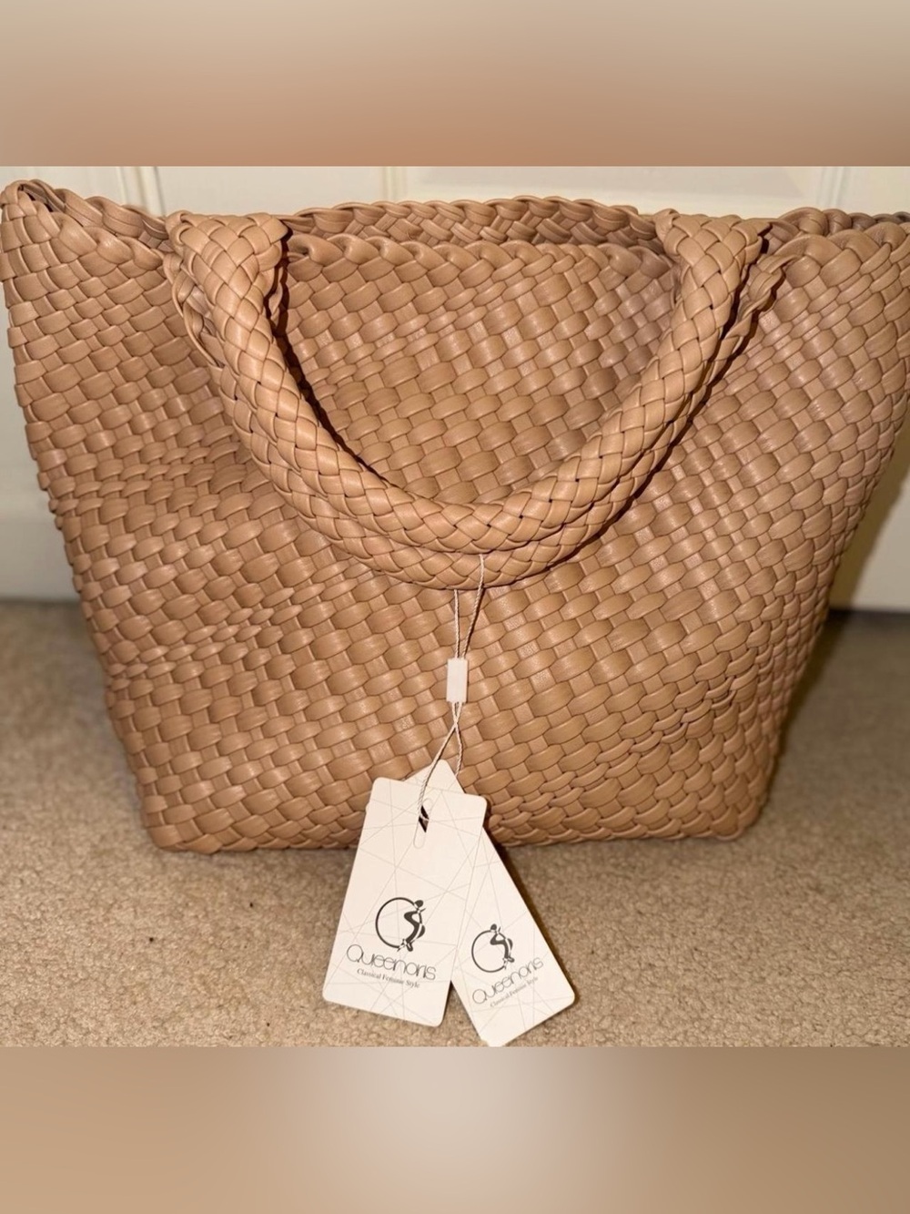 Apricot Woven Vegan Leather Tote Bag Handbag, NWT